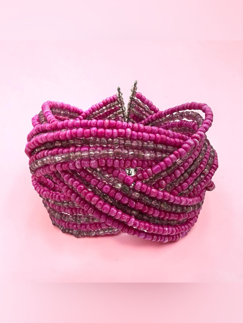 Handmade Pink & Purple Beaded Multi-Strand Chunky Cuff Stretch Bracelet